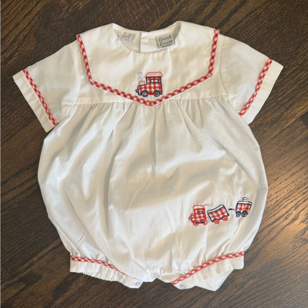 Sarah Louise White and Red Train Embroidered Romper Size 6 months
